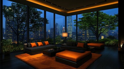 Obraz premium Modern City Apartment Living Room Night View