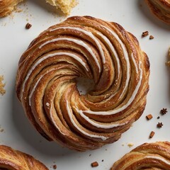 A top-down view of a warm cinnamon pastry, beautifully styled on a white background