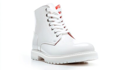 White glossy ankle boots, studio shot, fashion footwear, product display