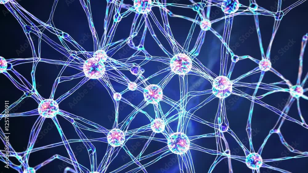 Poster molecular structures forming and shifting, with transparent liquid-like connections and glowing particles