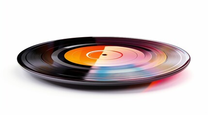 A classic vinyl record with a colorful label, isolated on white. The glossy surface and grooves bring back the golden age of music.