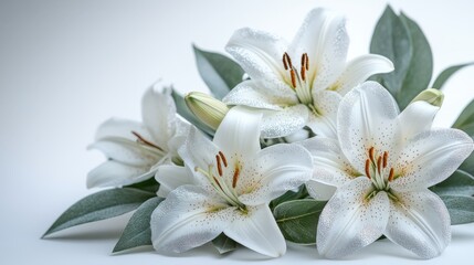Obraz premium Modern bouquet of white lilies and green orchids on a white background