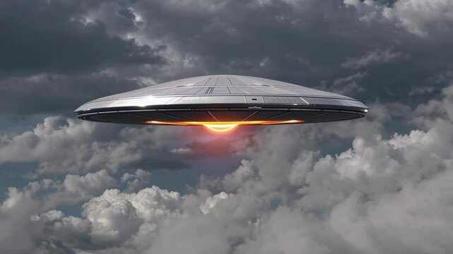 Aliens UFO flying on cloudy sky - Extraterrestrial visit, space travel and civilization concept - Model by AI generative