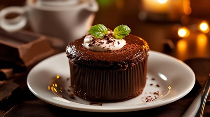 A delicious chocolate dessert on a plate, garnished with mint and cream, set in a cozy ambiance with soft lighting and hints of chocolate pieces, perfect for indulgence.