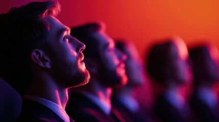 Audience members watch with anticipation in theatrical lighting