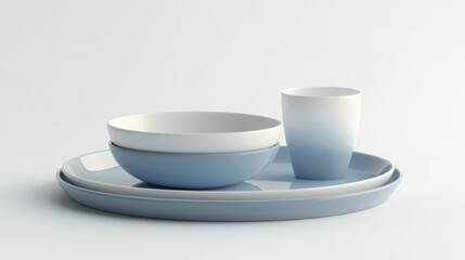 Blue and white tableware set on white background