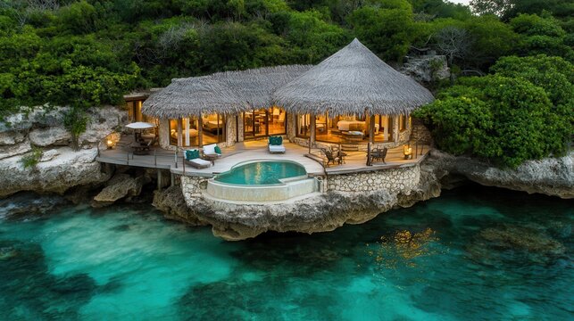Oceanfront villa, tropical sunset, cliffside pool, luxury escape
