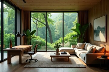 Serene Living Room Design Featuring Expansive Window Views of Lush Greenery and Modern Minimalist Furnishings