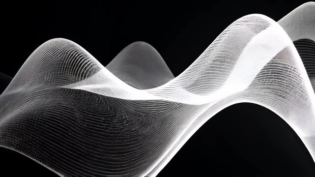Dynamic flowing white waves on black background showcasing curved abstract patterns