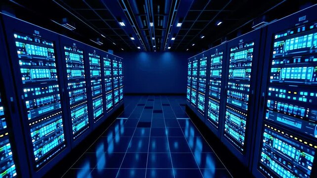 A futuristic data center with rows of illuminated server racks, showcasing advanced technology and innovation