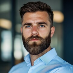 Fototapeta premium man with beard in blue shirt portrait