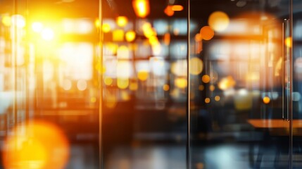 Fototapeta premium A somewhat obscured image of a modern office area, with glass surfaces reflecting the gentle sunlight