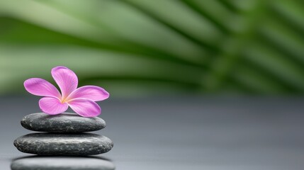 Fototapeta premium A pink flower sitting on top of a pile of black stones