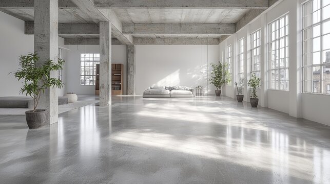 An empty warehouse featuring polished concrete floors and walls, with substantial space for text or graphic presentations