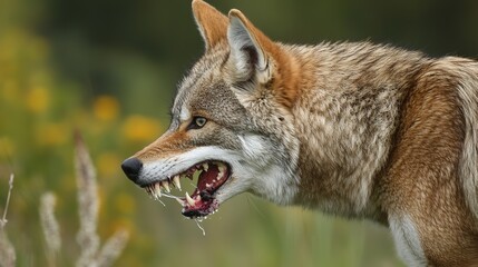 Naklejka premium Aggressive rabid dog snarling with frothy saliva, intense eyes, and raised fur, isolated on a blurred background. Concept of danger, wild animal behavior, and rabies awareness