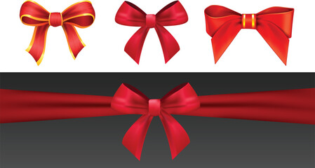 Red, gold border ribbon and bow realistic illustration. 