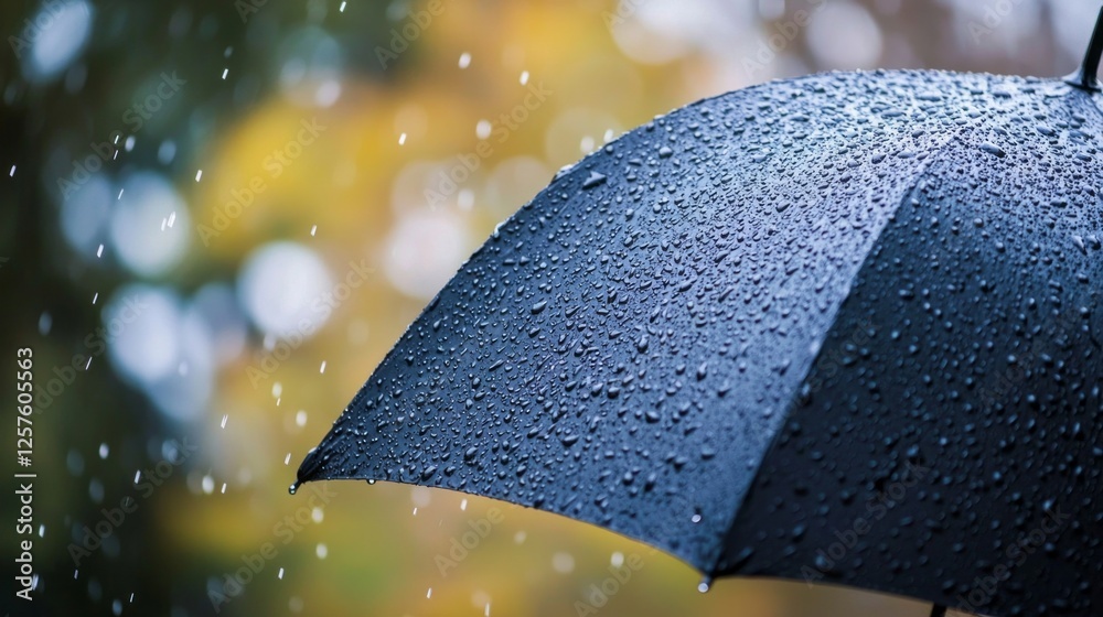 Poster Rain falls steadily, creating a symphony of droplets on a black umbrella shielding from the elements, evoking a serene atmosphere amidst the drizzling weather