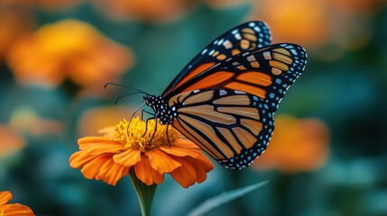 Fototapeta premium Monarch butterfly rests on vibrant marigold flower in a serene garden setting