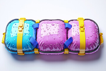 Three colorful, water droplet-covered, cushioned blocks joined by straps, suggestive of protective gear or soft storage solutions on a white background.