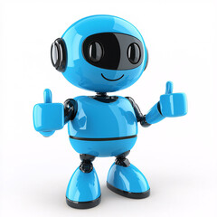 Shiny blue robot character giving two thumbs up with a happy, minimalist face on a white background.