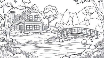 Obraz premium Cozy cabin by river, lush greenery, arched bridge background; coloring book page