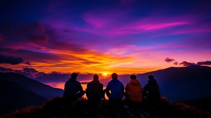 A group of friends gazes at a stunning sunset in the mountains, creating a serene moment filled with joy and connection, perfect for travel enthusiasts and adventure seekers.