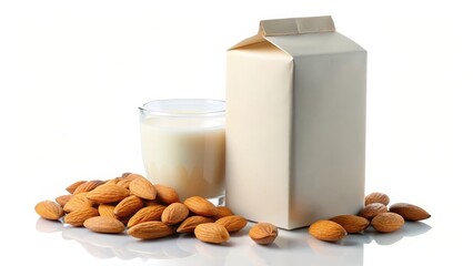 Almond Milk Carton, Glass, and Almonds on White Background