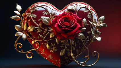 Beautiful Deep Red Heart Shaped Ornament with Golden Stem of Blooming Red Rose on Dark Red Background for Gorgeous Wedding and Special Occasion Styling Ideas Romantic Wallpaper Background