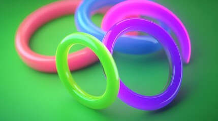 Luminous Circular Forms, Vibrant 3D Rings on a Vivid Green Surface
