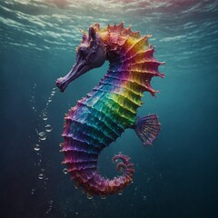 A surreal, dreamlike seahorse with melting, swirling rainbow colors.