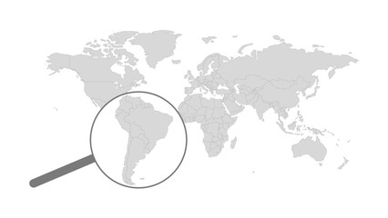 World Map in grey white colors. Magnifying glass magnifying and emphasizing the map of South America. Grayscale all Earth continent isolated on white background for website, education, travel © Zhi_zhi_art