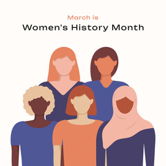 Obraz premium Women's History Month March poster template. Faceless girls. Girls stand next to each other. Concept of equality, inclusivity diversity. Trendy minimalist design for social media cover card.