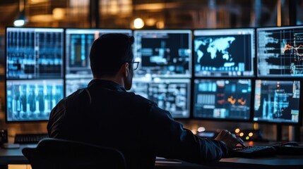 Workers using remote monitoring tools to oversee smart factory operations, with AI assisting in predictive maintenance