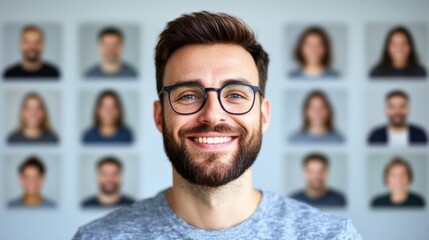 Obraz premium Man with Glasses Smiling in Front of Headshots
