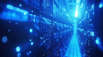 An advanced data center featuring sturdy network switches and glowing cables.