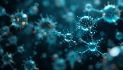 Abstract Molecular Structure Visualization in Blue and Gold with Depth