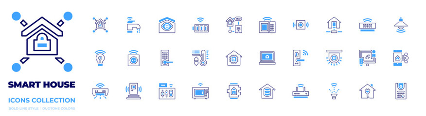 Smart house icon collection. Bold line style. Duotone colors. smart home, smart house, smart watch, battery, air conditioner, microwave oven, microwave, laptop, database