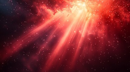 A mesmerizing cosmic scene showcasing a vibrant red nebula illuminated by radiant beams of light, creating a celestial atmosphere filled with countless shimmering stars.