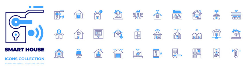 Smart house icon collection. Bold line style. Duotone colors. smart house, smart home, house, smart lock, smart garage, smart key, smarthome, fridge, laptop