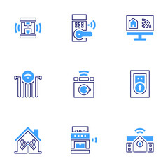 Smart house icon set. Bold line style. Duotone colors. Editable stroke. lock, microphone, smarthome, door lock, washing machine, smartphone, stove, domotics, speaker