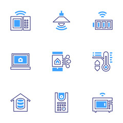Smart house icon set. Bold line style. Duotone colors. Editable stroke. smart home, eye scan, battery, air conditioner, microwave oven, lamp, smartphone, intercom, lights