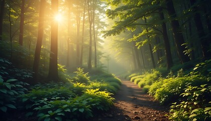 Sunlit Forest Path: Serene Morning Light Through the Trees Scenery
