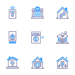 Smart house icon set. Bold line style. Duotone colors. Editable stroke. smart house, electricity, window, thermostat, garage, washing machine, cpu, humidifier, fireplace