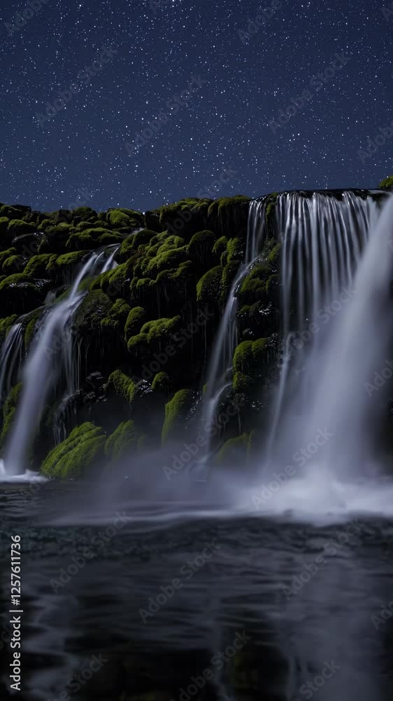 Poster cascading waterfalls under a starry night sky, with soft glowing mist and gentle reflections on the 
