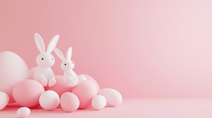 Obraz premium A minimalist Easter composition featuring pastel-colored eggs and a cute bunny figurine on a pink background.