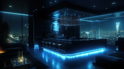 Obraz premium Luxury penthouse bar, night view, city lights, illuminated
