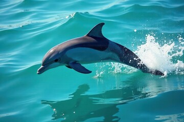 Naklejka premium Graceful Dolphin Leaps Through Sparkling Ocean Waters, Creating a Stunning Display of Aquatic Elegance and Power