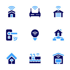 Smart house icon set. Bold style. Duotone colors. warehouse, smart home, router, door handle, bulb, swimming pool