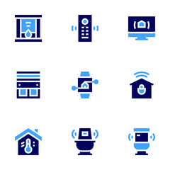 Smart house icon set. Bold style. Duotone colors. smartwatch, window, thermostat, toilet, pc, smartphone, fireplace, remote control