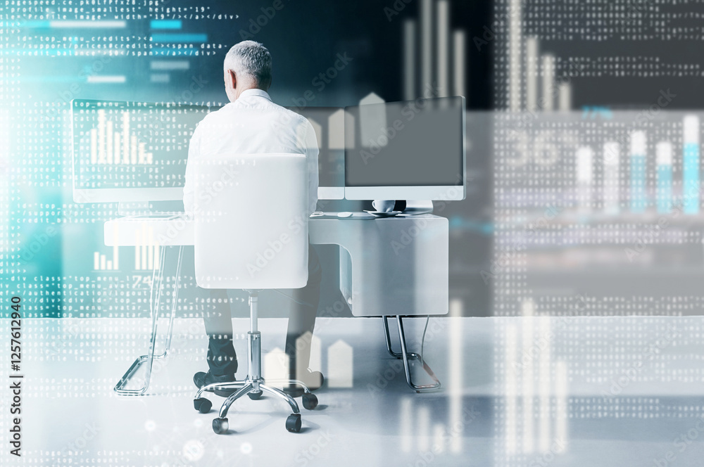 Poster back, finance and overlay with business man in studio for investment or stock market trading. comput